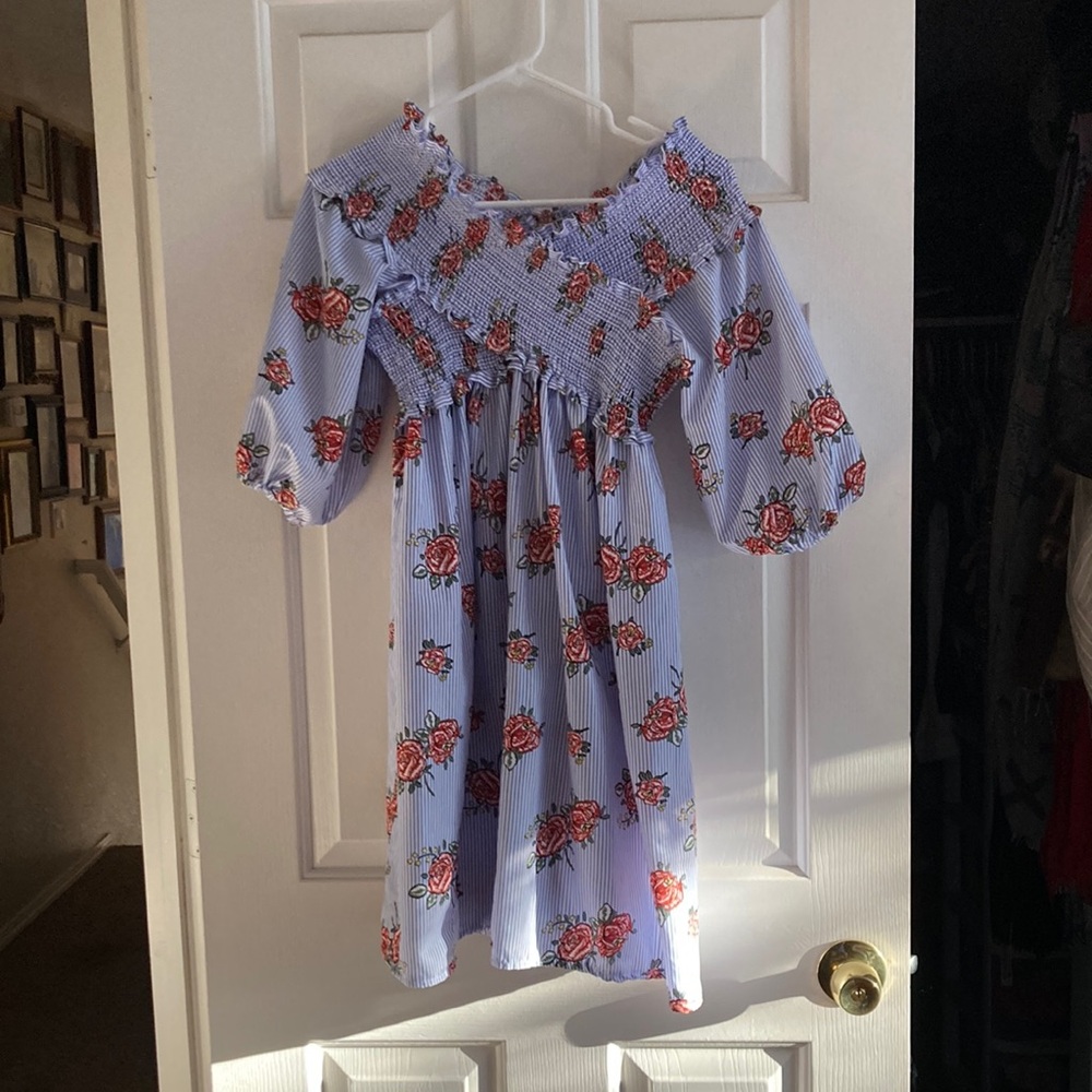 Floral Smocked Mini Dress in Light Blue with Red Roses